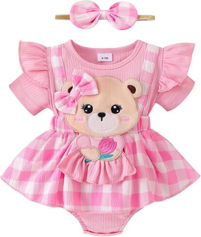 Baby Girl Summer Clothes Short Sleeve Ruffled Romper Dress Bear Print Plaid Bodysuit Headband Cute Summer Outfit in Kuwait