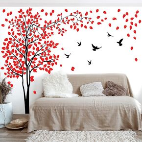 RW-1643 Giant Black Tree Wall Decals 3D Red Leaves Tree Branches Wall Sticker DIY Removable Family Photo Tree Bird Leaf Wall Art Decor for Kids Girls Baby Bedroom Living Room Nursery Office Decoration