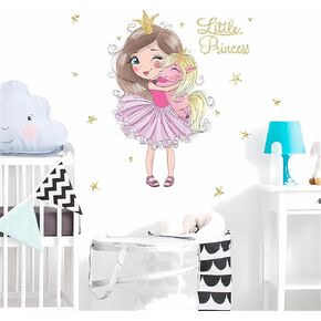 Lovely Girl and Little Unicorn Wall Stickers, sacinora Cartoon Princess Wall Decals Removable Vinyl Peel and Stick for Nursery Kids Baby Living Room Bedroom Children's Room Playroom Art Decorations