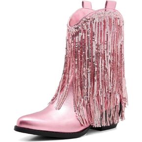 Women’s Rhinestone Cowboy Boots Side Zipper Slip-on Style Chunky Heel Pointed Toe Glittering Cowgirl Boots