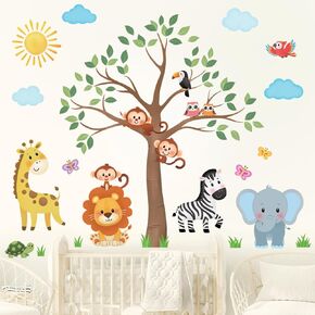 DECOWALL SG2-2323 Jungle Animals Tree Wall Decals Elephant Giraffe Lion Safari Wall Stickers Baby Nursery Kids Bedroom Living Room Wall Decor