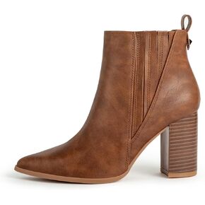 Chelsea Ankle Boots for Women Chunky Block Heel Booties Pointed Toe Stack Heel Brown Black Boots Dress Shoes Elastic Gore Slip On Comfortable Chelsea Boots