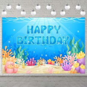 Under The Sea Happy Birthday Banner Backdrop Ocean Animals Under The Sea Theme Decor Decorations for Boys Girls 1st Birthday Party Bday Baby Shower Underwater Blue Party Supplies Photo Booth Props