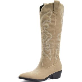 Cowboy Boots Western Boots Women Knee High Boots Embroidered Chunky Block Heel Pointed Toes Cowgirl Boots