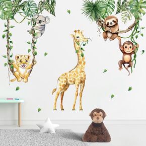 Mfault Baby Jungle Safari Animals Wall Decals Stickers, Giraffe Monkey Koala Leopard Sloth Nursery Decorations Kids Bedroom Art, Tropical Plant Monstera Palm Leaves Neutral Toddlers Room Decor