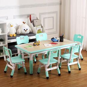 Kids Table and Chair Set, Height Adjustable Toddler Arts & Crafts Table and 6 Chair Set for Ages 2-10,Max 300lbs Kids Activity Art Table for Classroom Daycares,Home