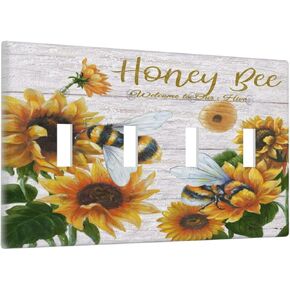 Sunflower Bee Oil Painting 4 Gang Light Switch Cover Plate Quad Toggle Wall Plate Decorative Switch Electrical Faceplate for Home Office Art Wall Decor
