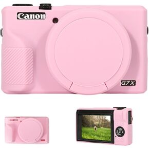 PCTC G7XIII Silicone Case, Soft Silicone Case for Canon Powershot G7X Mark III Digital Camera, G7X Mark III Accessories with Detachable Lens Cover (Pink)