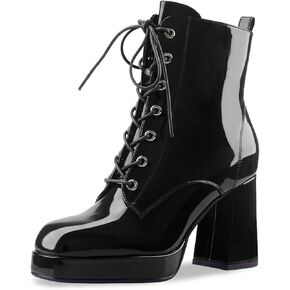 Oh Mispares Women's Platform Ankle Boots with High Chunky Heel Fashion Lace-up Square toe Patent Leather Booties in Kuwait