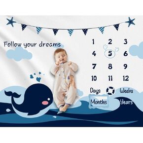 Monthly Baby Milestone Blanket Whale Flannel Blanket for Boy Newborn Baby Blanket Baby Blanket (with Frame) Baby Photo Blanket Blue Personalized Swaddle Blanket Newborn Party Supplies