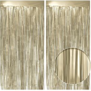 2 Pack Metallic Champagne Gold Fringe Backdrop, 3.2x8.2ft Shining Foil Tinsel Curtains, Birthday Party Decorations Door Streamers for Halloween, Christmas, Wedding, Graduation, Holiday, Theme Events
