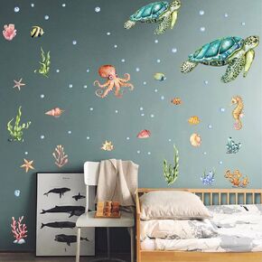 Ocean Wall Decals - Sea Turtle Wall Decor,Ocean Themed Sticker Pack,Ocean Room Decor,Ocean Decals for Walls Peel and Stick(Ocean Wall Decals)