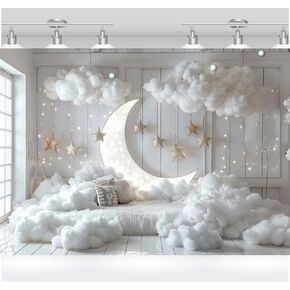 Indoor Baby Photography Background Children Portrait Photo Props Studio Backdrop Newborn Photocall Moon Star White Wall(7x5FT)