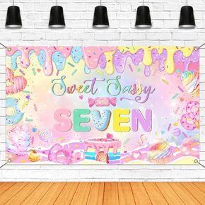 Mocsicka Donut 7th Banner Banner Backdrop Sweet Sassy و سبعة لافتة لحفلات عيد ميلاد للفتيات لافتة عيد ميلاد سبعة لافتة للاصطدام (Pink ، 70.8 × 43.3 بوصة)