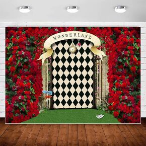 InMemory Wonderland Backdrop for Girls Birthday Photography,Fairy Tale Wonderland Tea Party Banner Decorations,Rose Flower Wall Wonderland Garden Background for Kids Newborn Photo Portrait Props 7x5ft