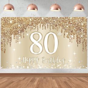Happy 80th Birthday Banner Backdrop Decorations for Women, Gold White 80 Birthday Sign Party Supplies, Eighty Year Old Birthday Photo Booth Background Poster(72.8 x 43.3 Inch)