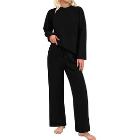 PRETTYGARDEN 2 Piece Outfits For Women Casual Tracksuit Long Sleeve Pullover Tops And Wide Leg Long Pants Matching Lounge Sets (Black, Medium)