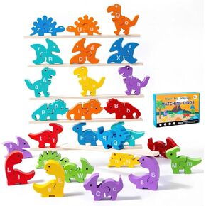 Montessori Dinosaur Toys Alphabet Learning - ABC Matching Games for Toddlers 3-5, 26Pcs Wooden Dinosaur Toys for Kids 3 4 5 6, Preschool Fine Motor Games, Birthday for Boys Girls