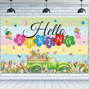 Hello Spring Backdrop Banner 71 x 45 Inch Large Colorful Spring Truck Tulips Flowers Background Banner Spring Easter Holiday Party Decorations Spring Break Indoor Outdoor Photo Booth Props