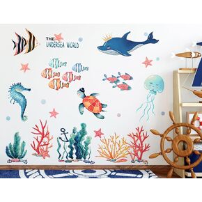 8 Sheets Under The Sea World Wall Decals Ocean Animals Wall Decals Removable DIY Ocean Fish Seahorse Coral Turtle Wall Decor for Kids Baby Bathroom Bedroom Living Room Playroom TV Wall Decor