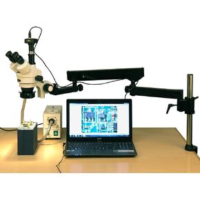 AmScope SM-8TZZ-FOR-M Digital Professional Trinocular Stereo Zoom Microscope, WH10x and WH20x Eyepieces, 3.5X-180X Magnification, 0.7X-4.5X Zoom Objective, Fiber-Optic Ring Light, Articulating-Arm Boom Stand, 110V-240V, Includes 0.5x and 2.0x Barlow Lense