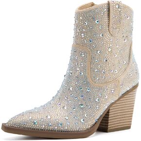 MaxMuxun Women's Rhinestone Cowboy Boots Ankle Boots for Women Pointed Toe Heel Booties Sparkly Cowgirl Western Fall Boots for Women 2024