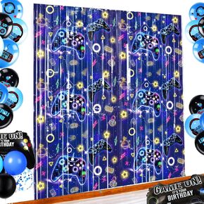 WIRSINDWIR 2pcs Video Game Birthday Decorations, Gamer Birthday Party Decorations Tinsel Foil Fringe Curtains Photo Booth Prop Party Backdrop, Video Game Party Favors Room Decor Party Supply (2 Pack)
