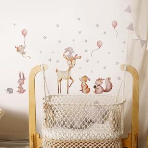 Animal Wall Decals，Cute Cartoon Animal Fawns, Foxes, Rabbits, Balloons Wall Stickers，Animal Peel and Stick Wall Art Decals，for Kids Baby Boy Girl Nursery Bedroom Playroom Toddler Room Art Decoration