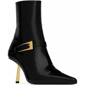 Black Ankle Booties for Women Pointed Toe Stiletto High Heel Patent Leather Metal Buckle Short Boots with Side Zipper Casual Party Dating Dress Shoes