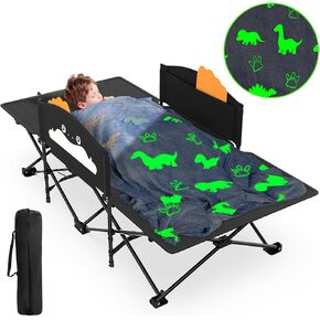 ZENPETIO Kids Camping Cot, Foldable Toddler Bed with Safety Rails & Glow-in-The-Dark Blanket, Sturdy Portable Design for Travel, Indoor Outdoor Sleeping Cot for Toddlers Kids