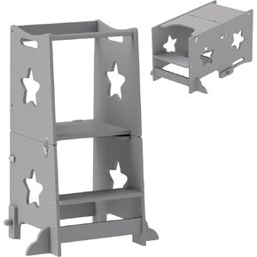 Qaba 2 in 1 Toddler Tower, Toddler Step Stool, Kids Kitchen Stool Helper with Safety Rail, Bathroom, Sink, Kitchen & Counter Step Stool for Toddlers 3-6 Years, Gray