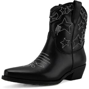 KaroNairy Western Star Cowboy Booties for Women Embroidered Cowgirl Booties Pull On Low Heel Ponited Toe Ankle Cowgirl Boots