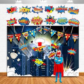 13 PCS Superhero Party Party Party Supplies- خلفية تصوير المدينة الخارقة ، 12 دعامة خارقة للشعور للأطفال.