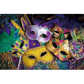 DASHAN 10x8Ft Polyester Mardi Gras Backdrop Masquerade Themed Party Colorful Mask Pearls Diamonds Feather Photography Background Fiesta Mardi Gras Birthday Party Decoration Carnival Party Studio Props