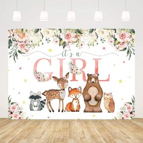 7x5ft Woodland Baby Shower Backdrop for Girls Pink Flowers Photography Background Woodland Animals Baby Shower Decorations for Girl Banner Party Supplies Photo Booth Props