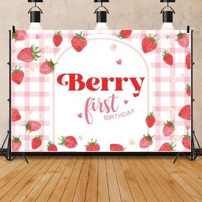Pink Gingham Berry First Birthday Backdrop Girls Strawberry First Birthday Backdrop Berry Sweet Princess Theme Birthday Party Decorations Banner Studio Props 7x5ft(210x150cm)