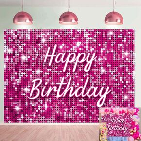 Pink Flash Square Photography Backdrop Hot Pink Happy Birthday Glitter Shinning Sequin Wall Panels Shimmer Wall Background for Girls Woman Birthday Party Decorations Banner (Pink, 7X5FT(82x59inch))
