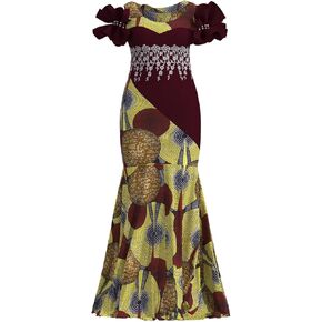 Womens Elegant Ankara Maxi Mermaid Dress Lace Decorated African Gowns