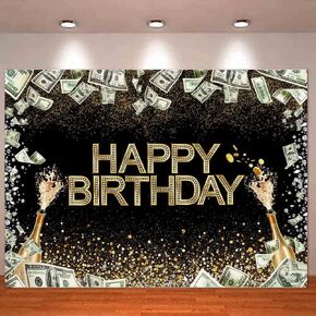 7x5FT Black Gold Dollar Bill Happy Birthday Photo Backdrop Glitter Diamond Champagne Money Casino Boy Girl Party Booth Photography Background Banner Polyester Fabric Decorations Supplies