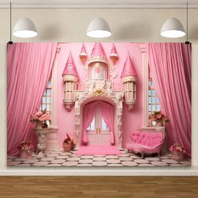 YongFoto Pink Princess Castle Backdrop 7x5ft Sofa Flowers Vases Curtain Door Room Interior Photography Background Girl Baby Kids Birthday Wedding Baby Shower Party Banner Living Room Decor