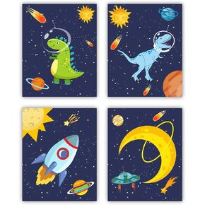 heshengzaixian Dinosaur Wall Art Posters, Space Wall Decor for Boys Bedroom,Gift for Kids, Astronaut Decorate,Solar System Painting for Nursery Classroom, Set Of 4 Unframed(8X10inch,)