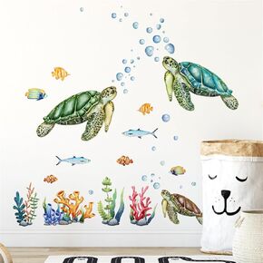 Under The Sea Turtle Wall Decals Ocean Fish Coral Aquatic Grass Wall Stickers Peel and Stick Bathroom Girls Bedroom Baby Nursery Wall Decor