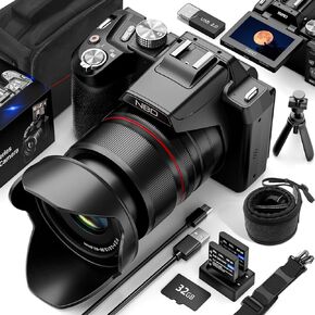 5K&64MP Digital Cameras for Photography, 16X Optical Zoom Camera with WiFi & App Control, Vlogging Camera for YouTube with 180°Flipable 3-inch Screen, Auto Focus,Bag,2 Batteries,Camera Strap&32GB Card