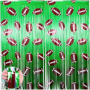 2Pcs Football Background Party Decorations,Football Backdrop Photo Props 3.3x6.6 ft Football Foil Fringe Curtain Streamers,Football Themed Sports Superbowl Birthday Party Supplie