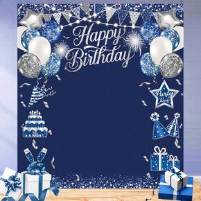 Large Blue Happy Birthday Backdrop Glitter Blue Silver Balloons Decoration Birthday Background for Outdoor Birthday Party Banner Cake Table Dessert Table Photo Supplies (Blue)