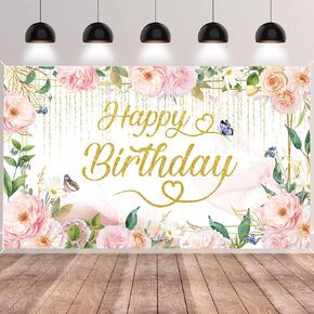 Florals Happy Birthday Banner Backdrop Flowers Plants Butterfly Photography Background Hanging Pink Gold Green Decoration for Girls Womens Spring Summer Party Accessories Supplies 72.8*43.3in