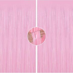 KALOR 2 Pcs 3.2ft x 8.2ft Candy Pink Metallic Shiny Tinsel Foil Fringe Curtain Photo Booth Backdrop for Birthday Party Baby Shower Wedding Graduation Party Decorations