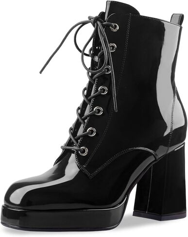 Oh Mispares Women's Platform Ankle Boots with High Chunky Heel Fashion Lace-up Square toe Patent Leather Booties in Kuwait