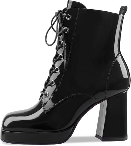 Oh Mispares Women's Platform Ankle Boots with High Chunky Heel Fashion Lace-up Square toe Patent Leather Booties in Kuwait