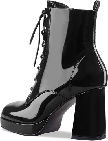Oh Mispares Women's Platform Ankle Boots with High Chunky Heel Fashion Lace-up Square toe Patent Leather Booties in Kuwait